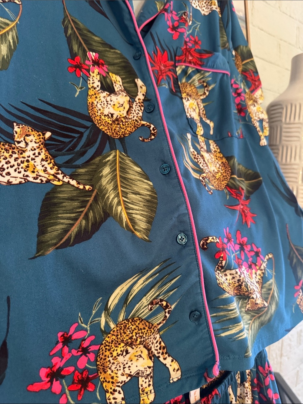 Teal Leopard-Print Short Sleep Shirt with Pink Piping - Picture 4 of 12